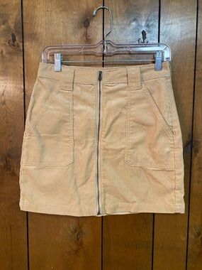 Beige Corduroy Front-Zip Mini Skirt